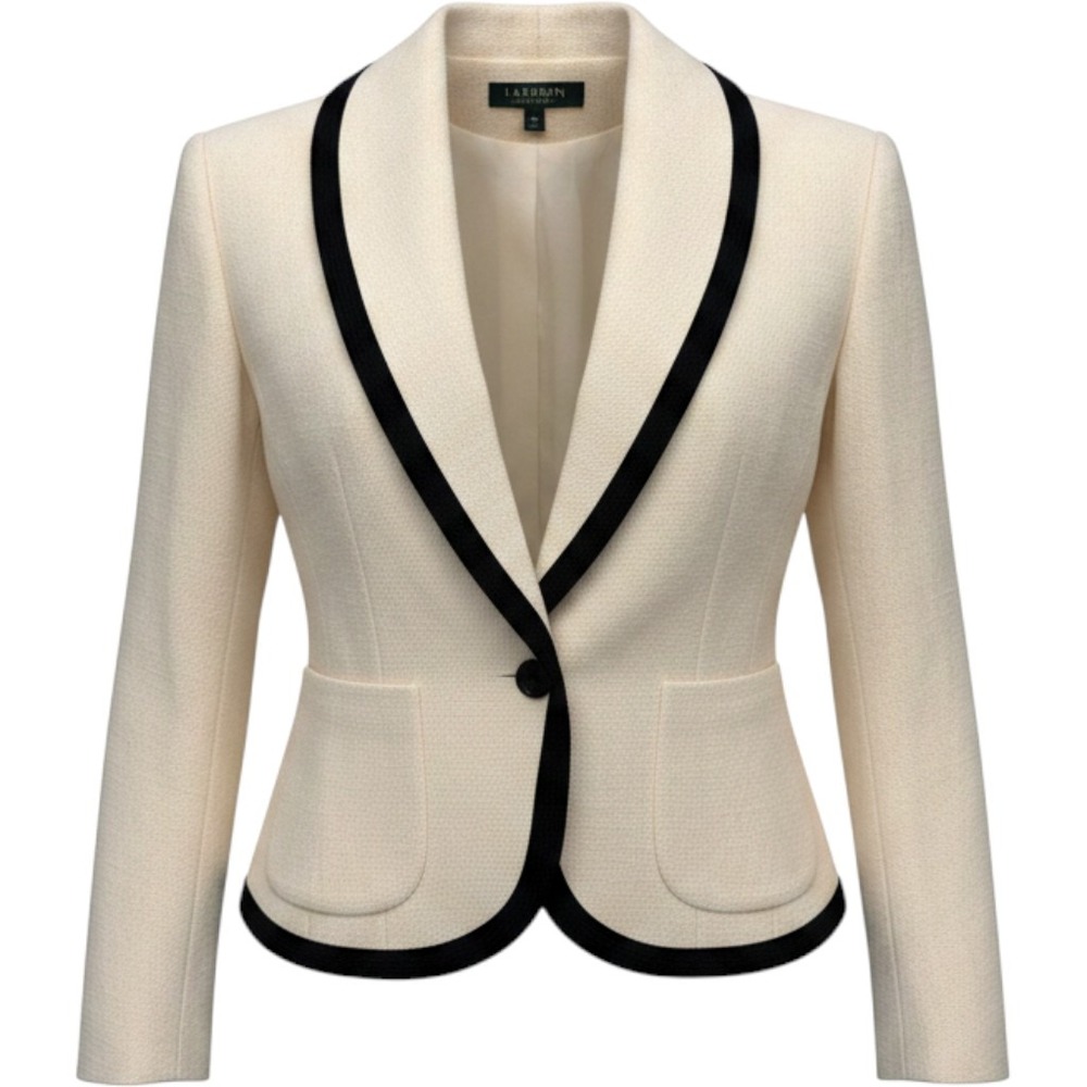 Vintage Ralph Lauren Cream Linen Blend Contrast Trim Blazer Jacket Size 10